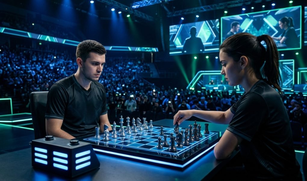 Chess Club Showdown 2026 esports stage with illuminated glass chessboard and professional players