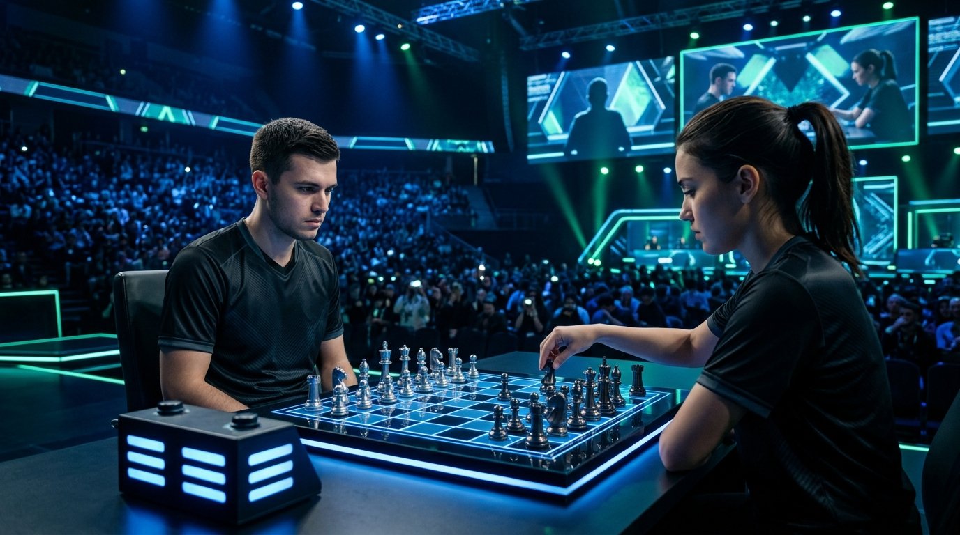 Chess Club Showdown 2026 esports stage with illuminated glass chessboard and professional players