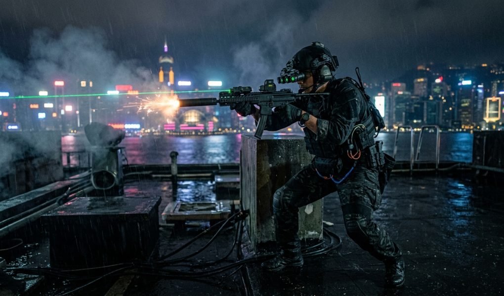 Warzone meta loadouts 2026 night-ops operator firing suppressed SMG on Rebirth Island rooftop