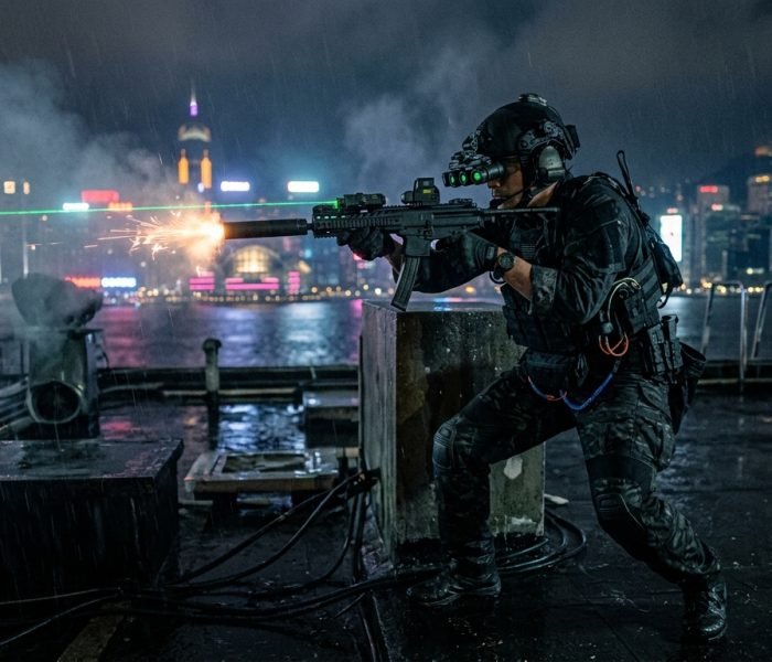 Warzone meta loadouts 2026 night-ops operator firing suppressed SMG on Rebirth Island rooftop