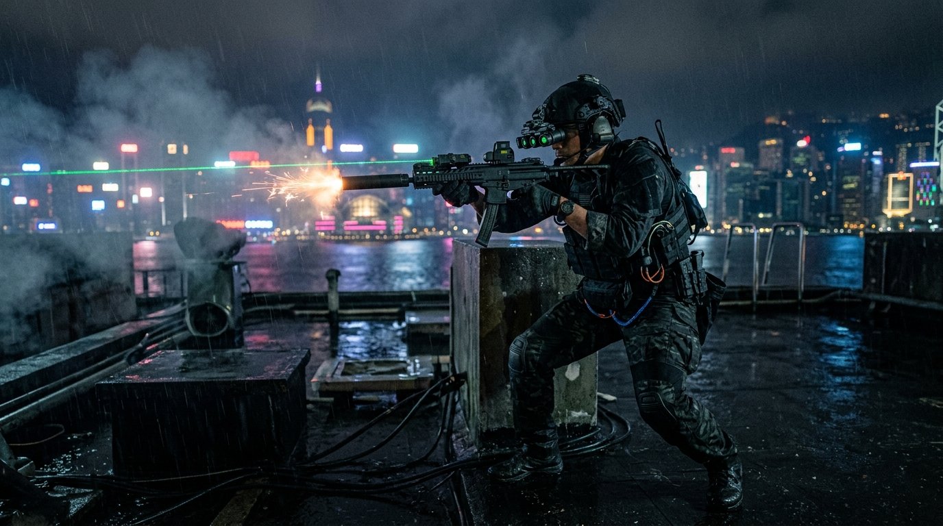 Warzone meta loadouts 2026 night-ops operator firing suppressed SMG on Rebirth Island rooftop