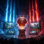 Dota 2 BLAST Slam VIII 2026 tournament trophy stage with radiant blue and dire red lighting