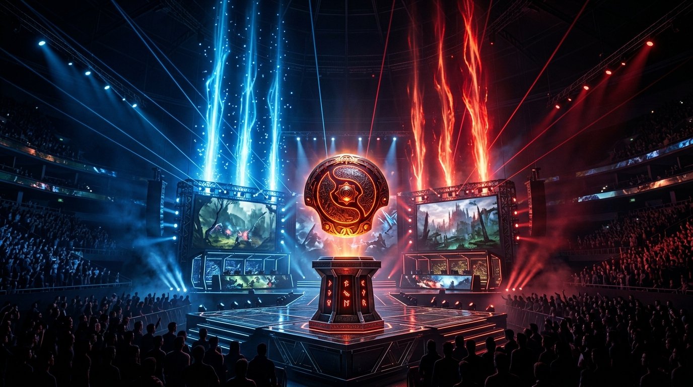 Dota 2 BLAST Slam VIII 2026 tournament trophy stage with radiant blue and dire red lighting