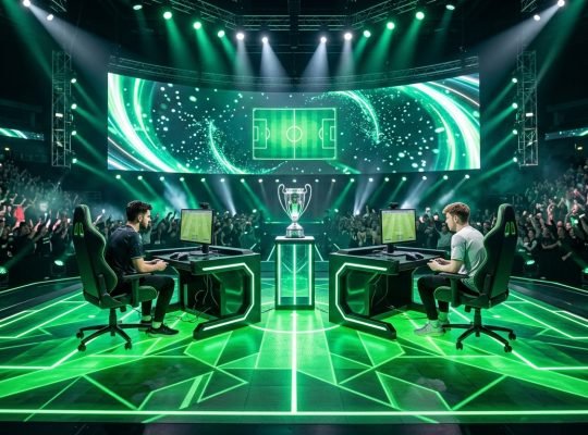 EA Sports FC Pro 27 Open London stadium esports arena stage and silver football trophy