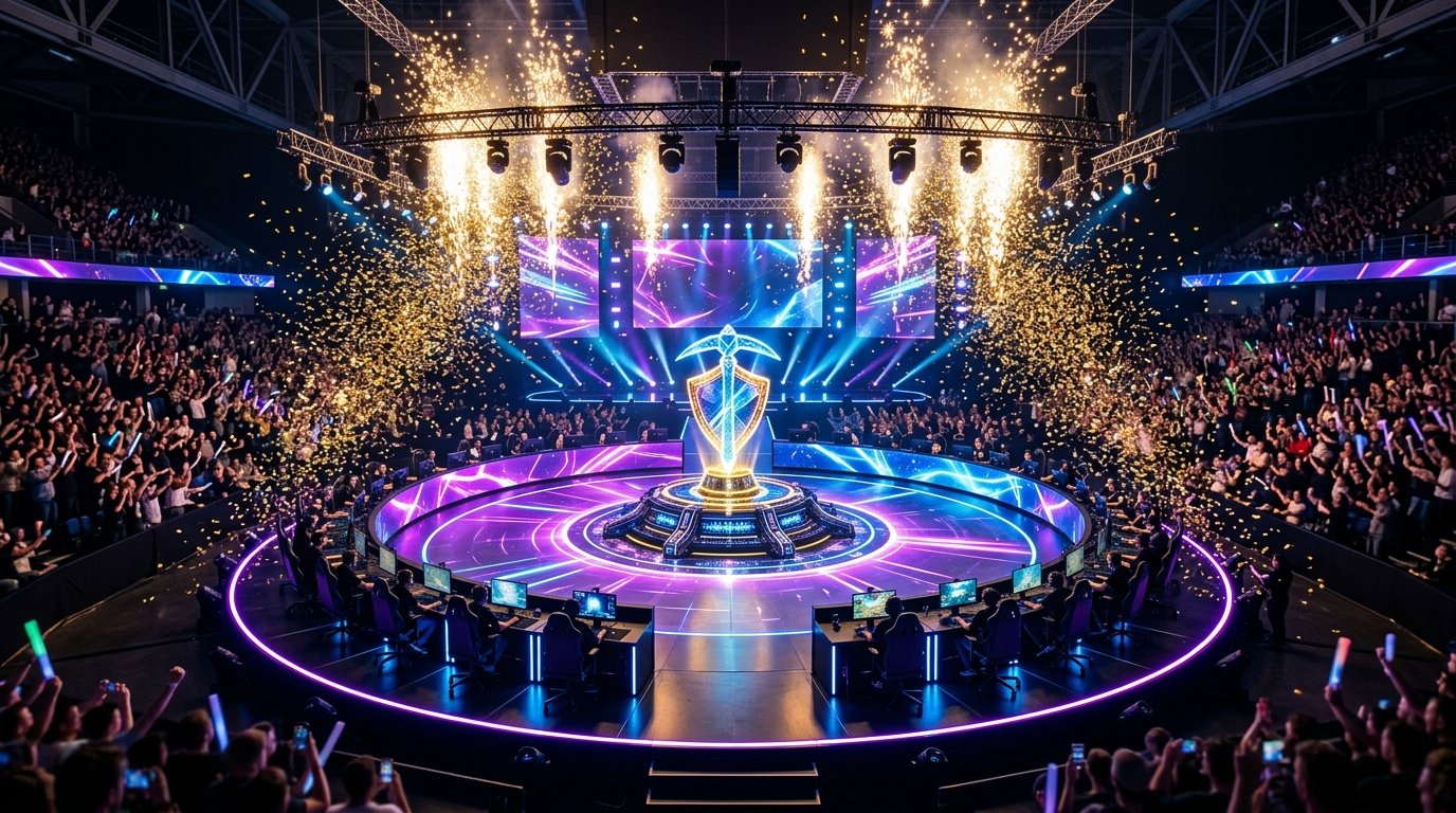 FNCS 2026 Global Championship Antwerp LAN arena stage and pickaxe shield trophy