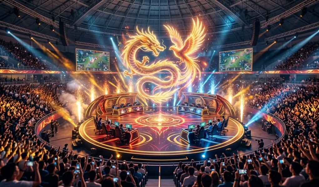 Honor of Kings 2026 championship arena stage with glowing golden dragon above team booths