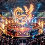 Honor of Kings 2026 championship arena stage with glowing golden dragon above team booths