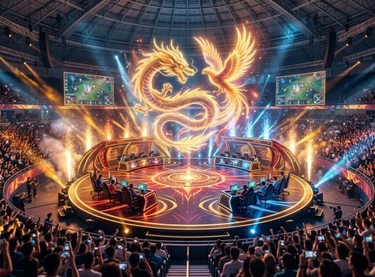 Honor of Kings 2026 championship arena stage with glowing golden dragon above team booths