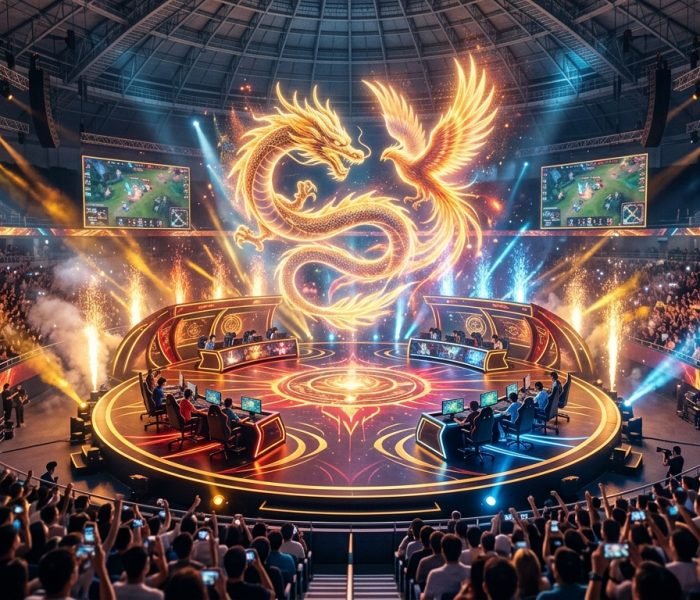 Honor of Kings 2026 championship arena stage with glowing golden dragon above team booths
