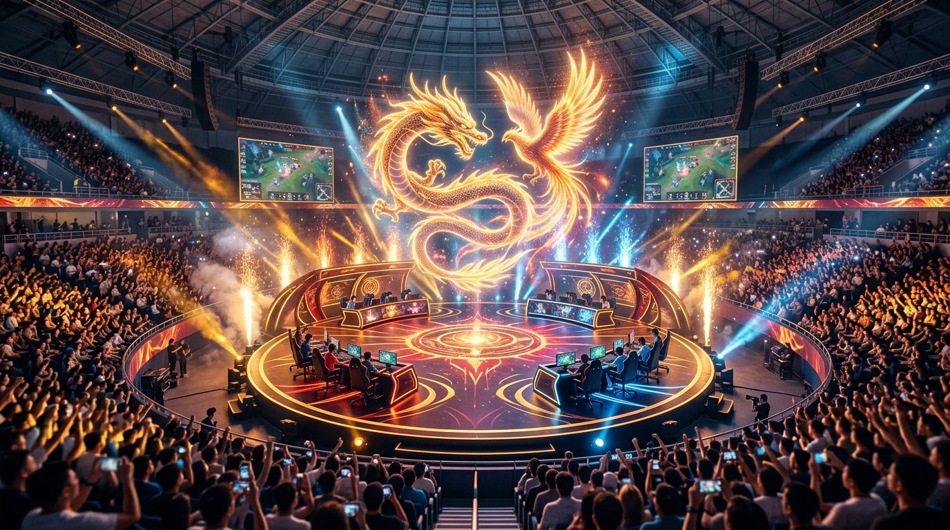 Honor of Kings 2026 championship arena stage with glowing golden dragon above team booths