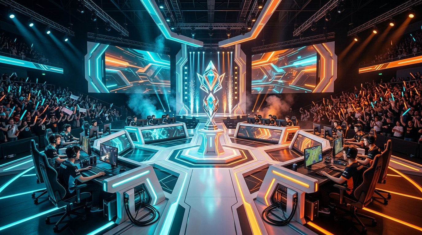 OWCS 2026 World Finals futuristic hero shooter esports arena stage and golden trophy