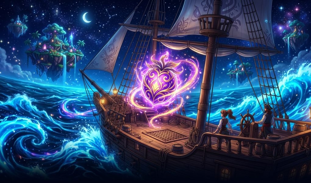 Blox Fruits codes 2026 glowing purple elemental fruit on pirate ship deck in Third Sea