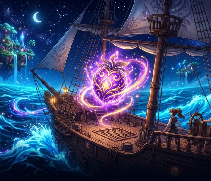 Blox Fruits codes 2026 glowing purple elemental fruit on pirate ship deck in Third Sea