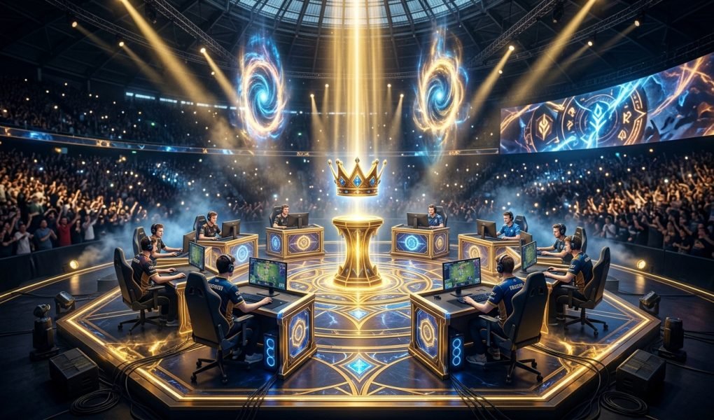TFT Tacticians Crown 2026 and Vegas Open esports arena stage with golden crown trophy and hexagonal board