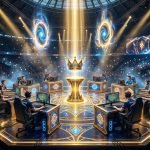 TFT Tacticians Crown 2026 and Vegas Open esports arena stage with golden crown trophy and hexagonal board