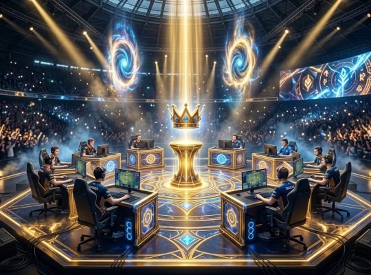 TFT Tacticians Crown 2026 and Vegas Open esports arena stage with golden crown trophy and hexagonal board