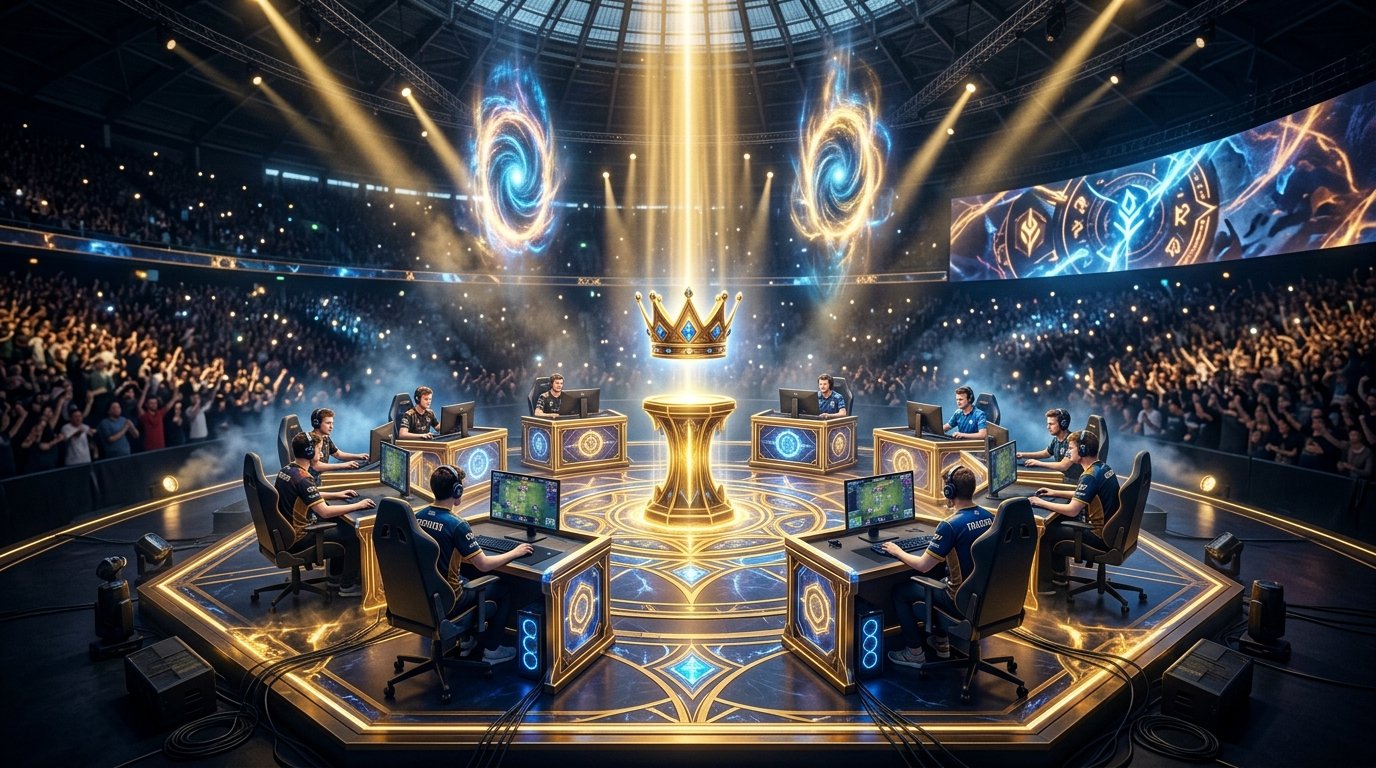 TFT Tacticians Crown 2026 and Vegas Open esports arena stage with golden crown trophy and hexagonal board