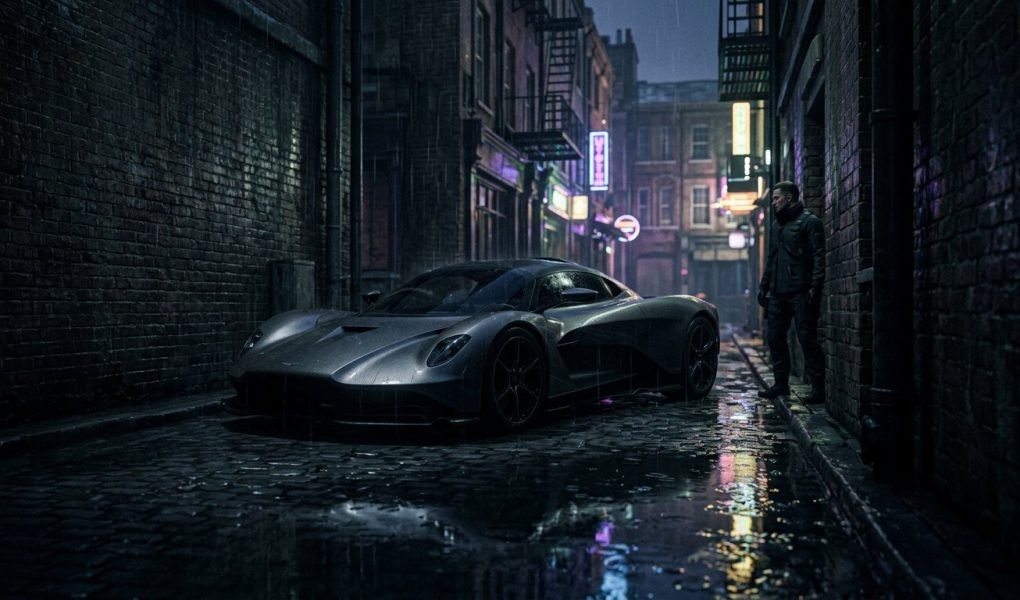 007 First Light James Bond Aston Martin Valhalla luxury sports car in rainy London alleyway