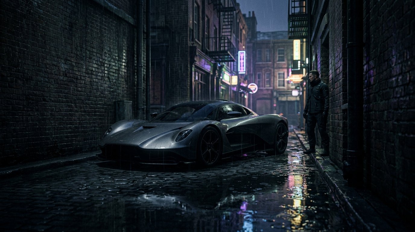 007 First Light James Bond Aston Martin Valhalla luxury sports car in rainy London alleyway