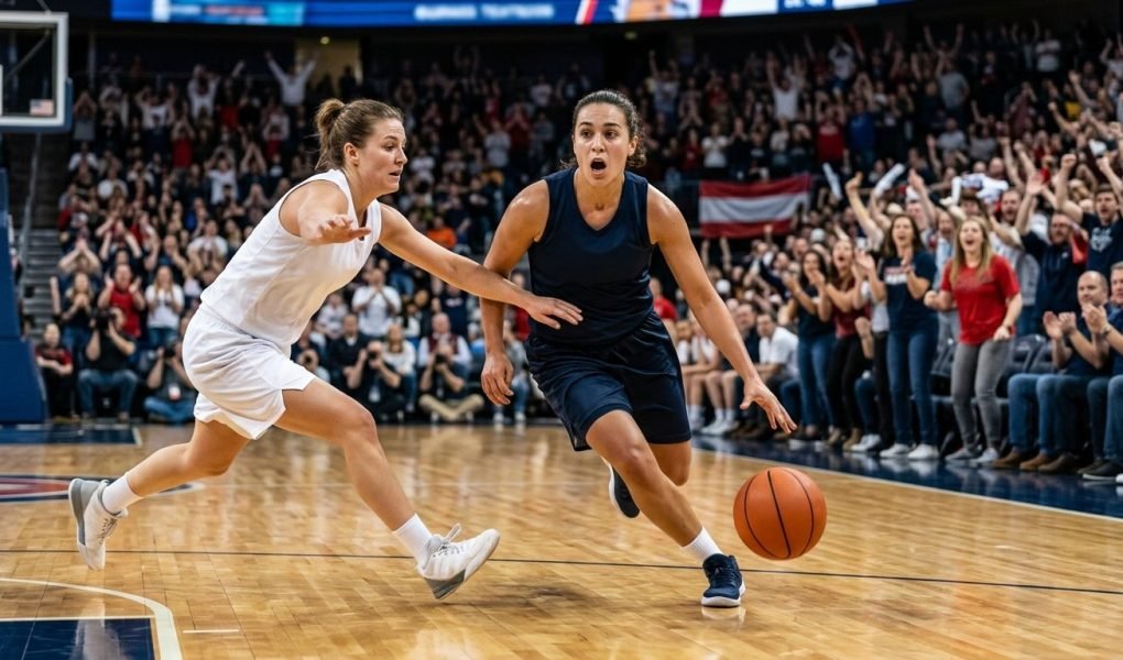 Aces vs Fever Game 3 elimination playoff game with point guard driving down the hardwood court under arena spotlights