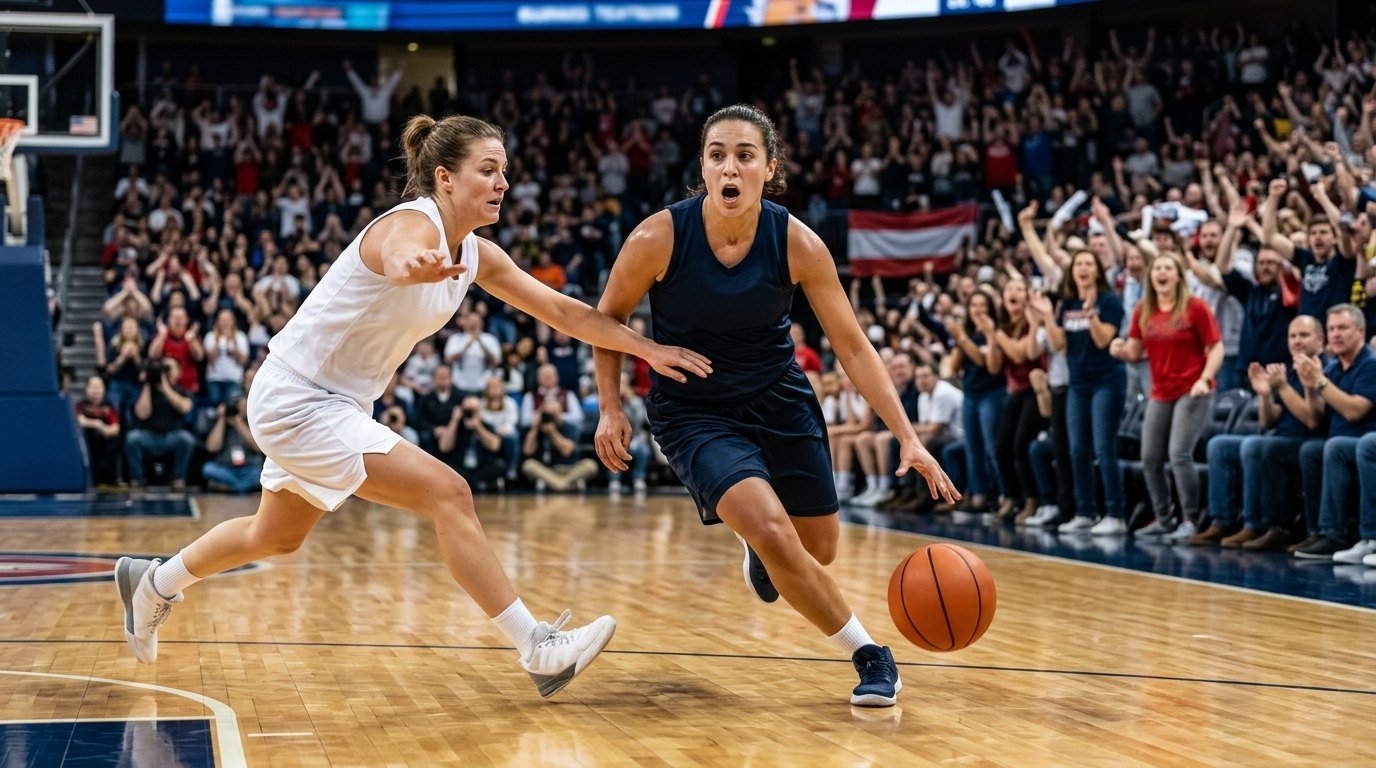 Aces vs Fever Game 3 elimination playoff game with point guard driving down the hardwood court under arena spotlights