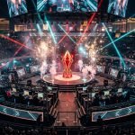 ALGS Year 6 Split 2 championship arena stage in Las Vegas with multi-tiered battle royale player pods and red neon lighting