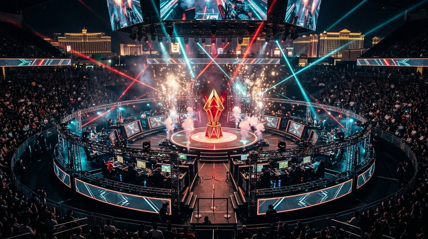 ALGS Year 6 Split 2 championship arena stage in Las Vegas with multi-tiered battle royale player pods and red neon lighting
