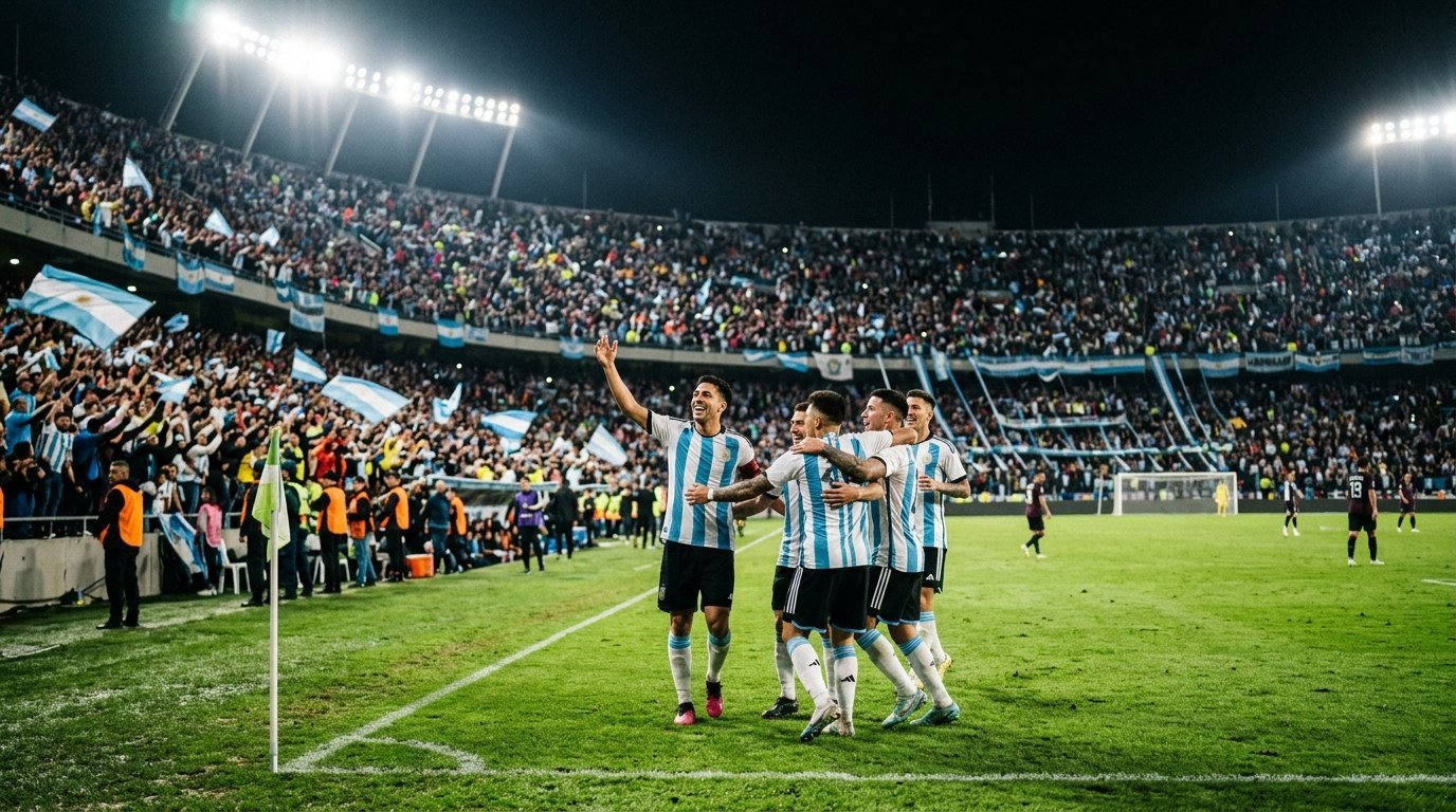 Argentina post-Messi tactical evolution match at Estadio Mario Alberto Kempes with full stadium crowd