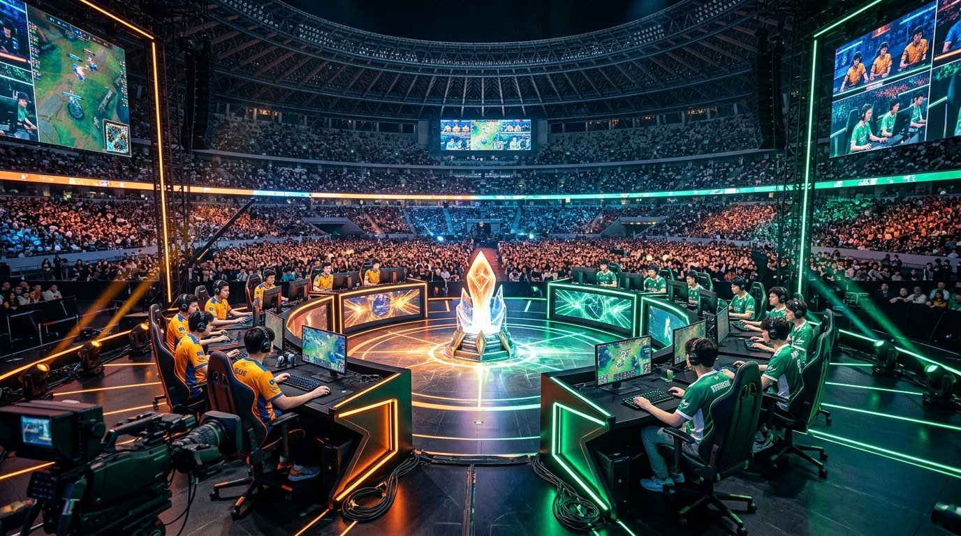 Asian Games 2026 League of Legends Gold Medal Final championship arena stage with red and blue team booths
