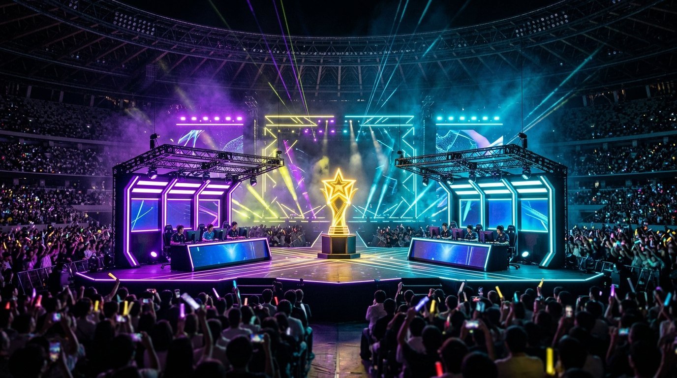 Brawl Stars World Finals 2026 Tokyo tournament arena stage with dynamic neon lights and giant video walls