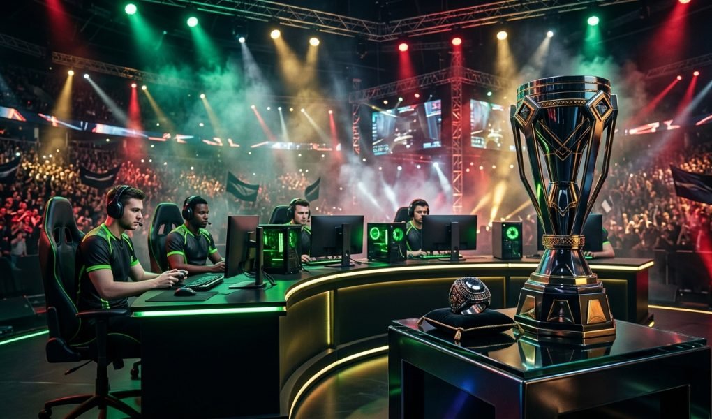 CDL 2026 Call of Duty League championship stage with trophy under neon blue and purple lights