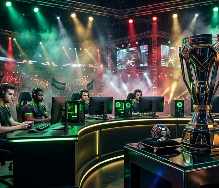 CDL 2026 Call of Duty League championship stage with trophy under neon blue and purple lights