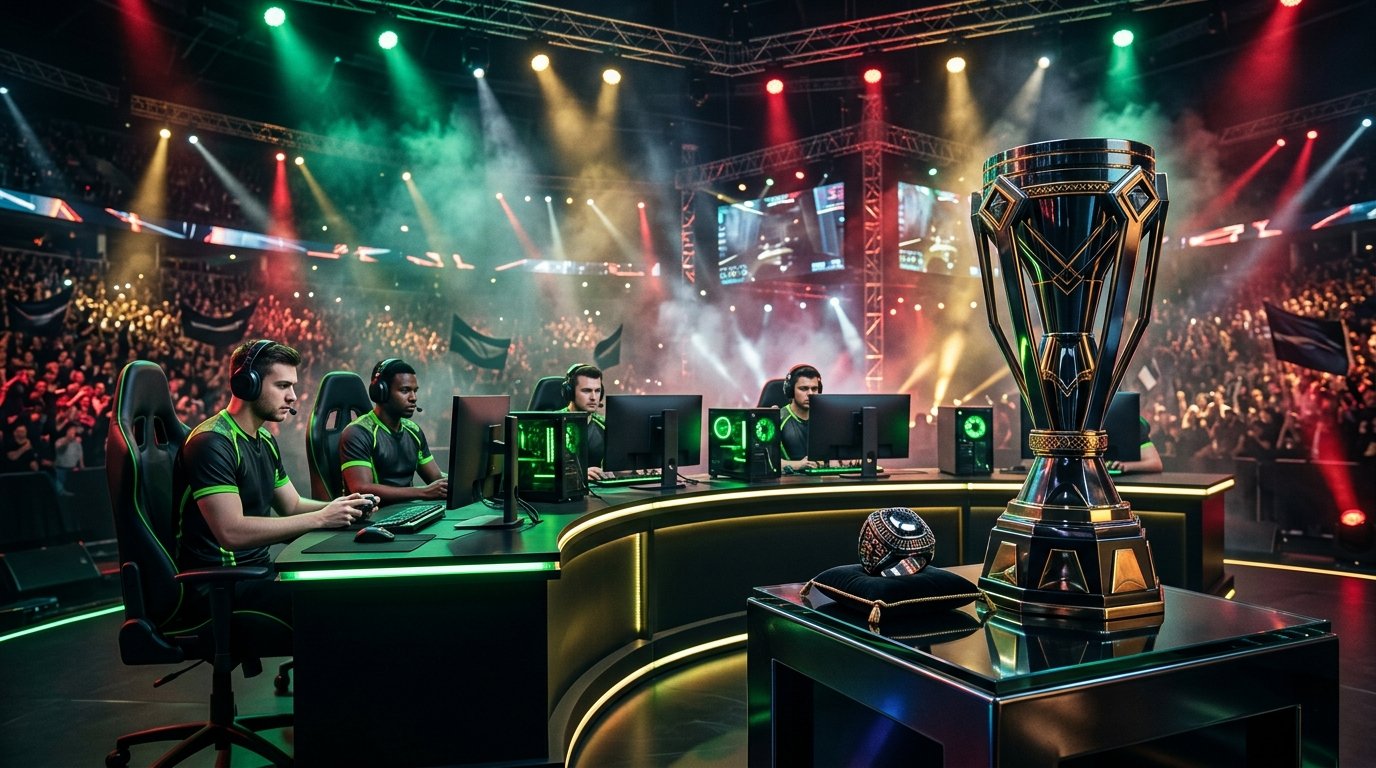CDL 2026 Call of Duty League championship stage with trophy under neon blue and purple lights