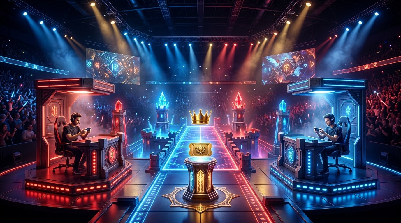 Clash Royale League CRL 2026 World Finals championship arena stage with illuminated king towers and golden trophy