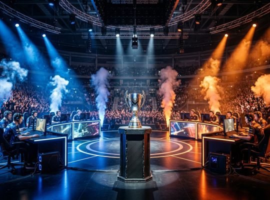 CS2 PGL Katowice major esports stage with competitor gaming booths under laser lighting