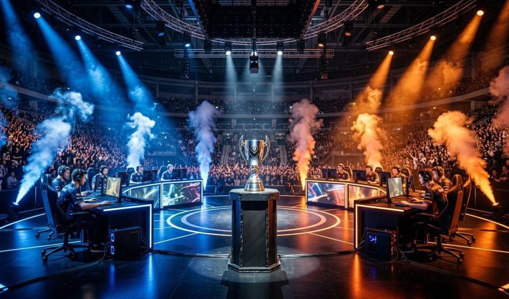 CS2 sub-tick audio optimization setup featuring competitive esports gaming arena monitor and peripherals