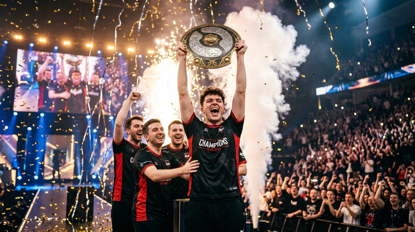 Dota 2 Pro Tier List 2026 championship Aegis trophy lift celebration golden confetti