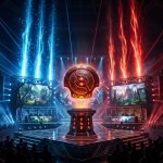 Dota 2 DreamLeague Season 24 meta esports championship trophy stage under dramatic arena lighting