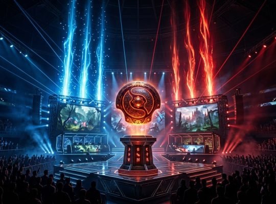 Dota 2 DreamLeague Season 24 meta esports championship trophy stage under dramatic arena lighting