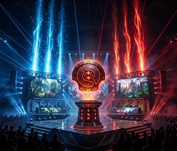 Dota 2 DreamLeague Season 24 meta esports championship trophy stage under dramatic arena lighting