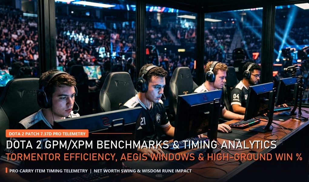 Dota 2 Pro Analytics Patch 7.37d GPM Benchmarks and High Ground Win Probability pro players booth