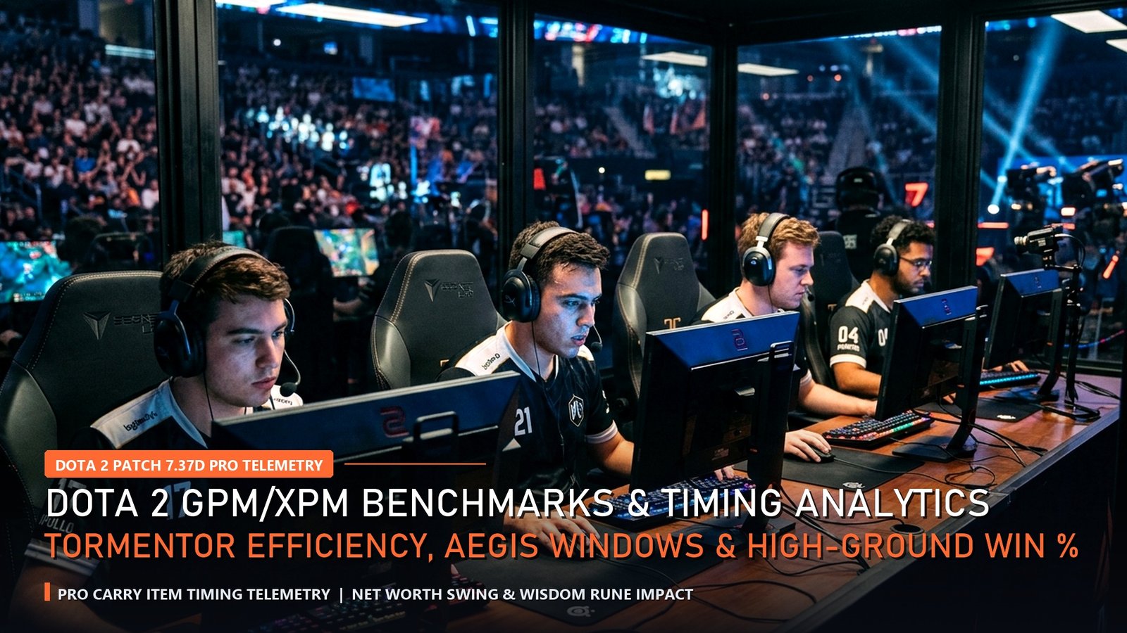 Dota 2 Pro Analytics Patch 7.37d GPM Benchmarks and High Ground Win Probability pro players booth