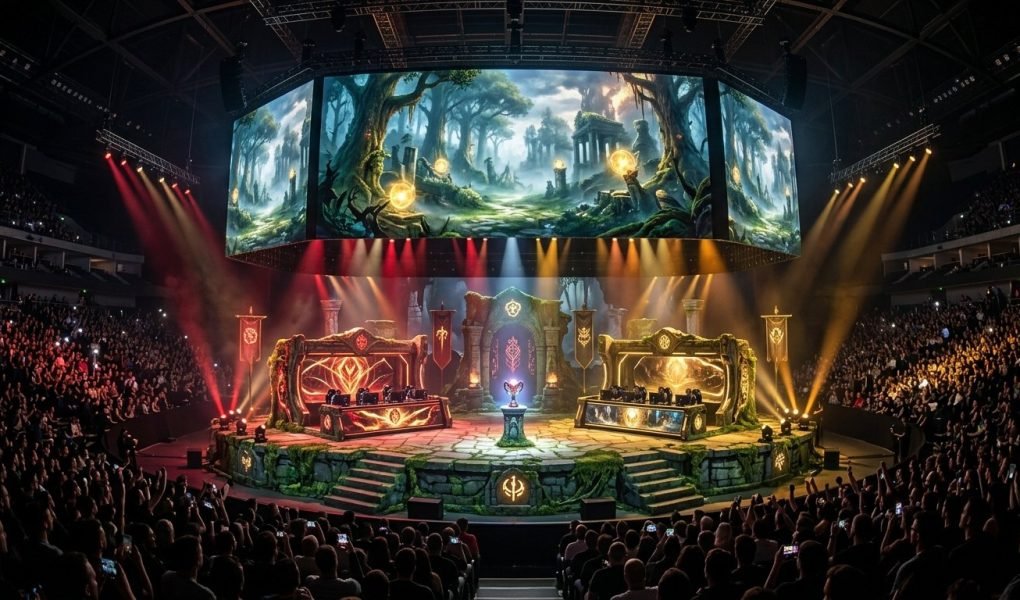 DreamLeague Season 24 Dota 2 European championship stage with mythical stone dais and glowing enchanted forest LED backdrop