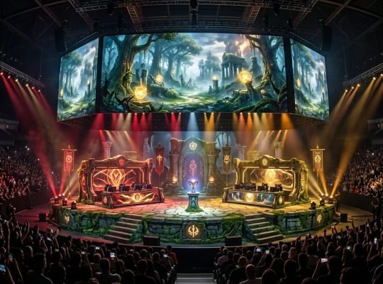 DreamLeague Season 24 Dota 2 European championship stage with mythical stone dais and glowing enchanted forest LED backdrop