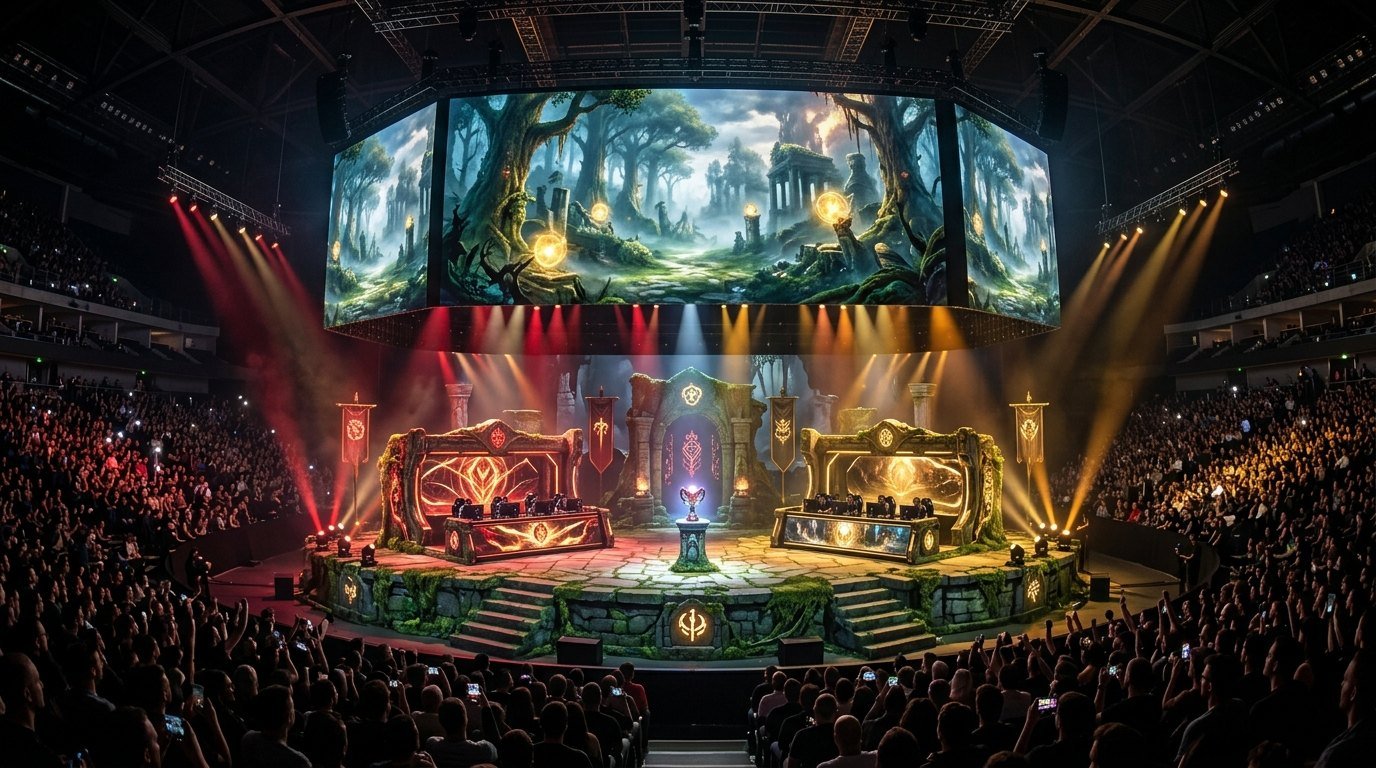 DreamLeague Season 24 Dota 2 European championship stage with mythical stone dais and glowing enchanted forest LED backdrop