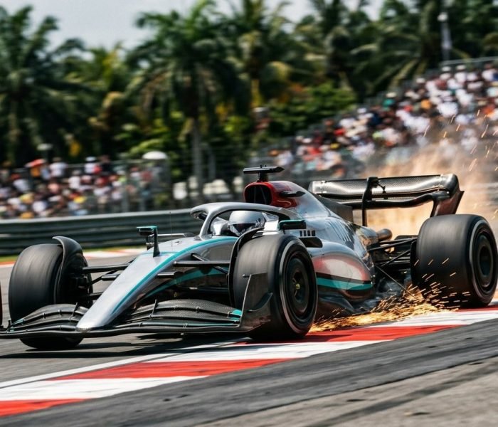 F1 Sepang 2026 Grand Prix race strategy formula racing cars speeding into sweeping corner