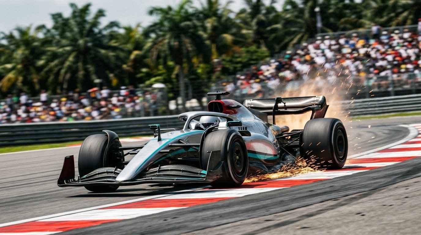 F1 Sepang 2026 preview high speed racing car carving through apex curbs with sparks flying under tropical sunlight