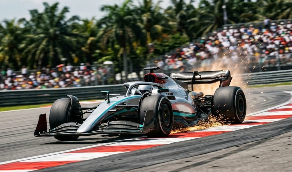 F1 Sepang qualifying analysis Formula 1 open-wheel racecar carving high-speed curve on asphalt circuit