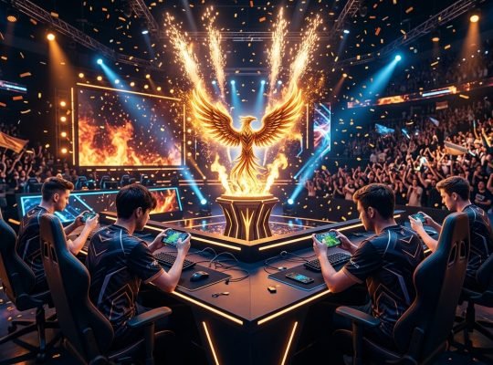 Free Fire World Series Bangkok 2026 championship stage with trophy under laser pyro