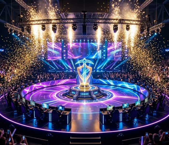 FNCS 2026 Antwerp Global Championship arena stage with glowing victory crown screens